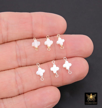 14 K Gold Filled Clover Connector, 925 Sterling Silver Handmade Wire Wrapped Mother of Pearl Quatrefoil, Beaded Clover Links, Permanent Jewelry Bead Links Findings